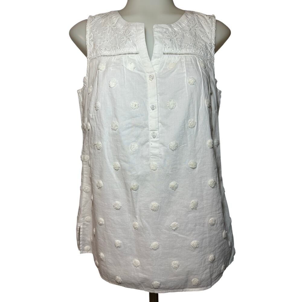 Talbots Women’s Size Small White Sleeveless V Neck Lined Shirt Pom Poms
